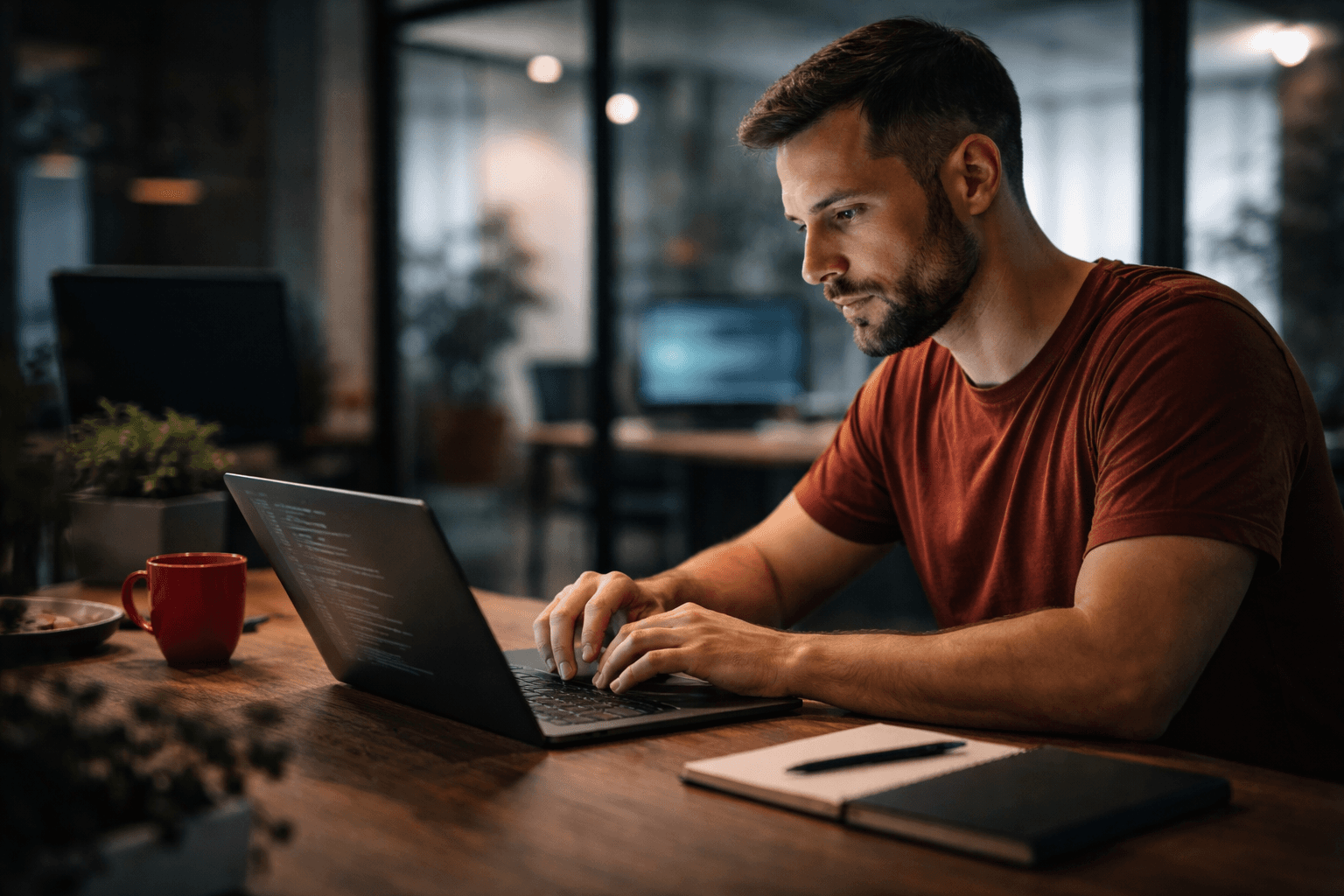 Developer in a red shirt typing on a laptop showing code in a dim office