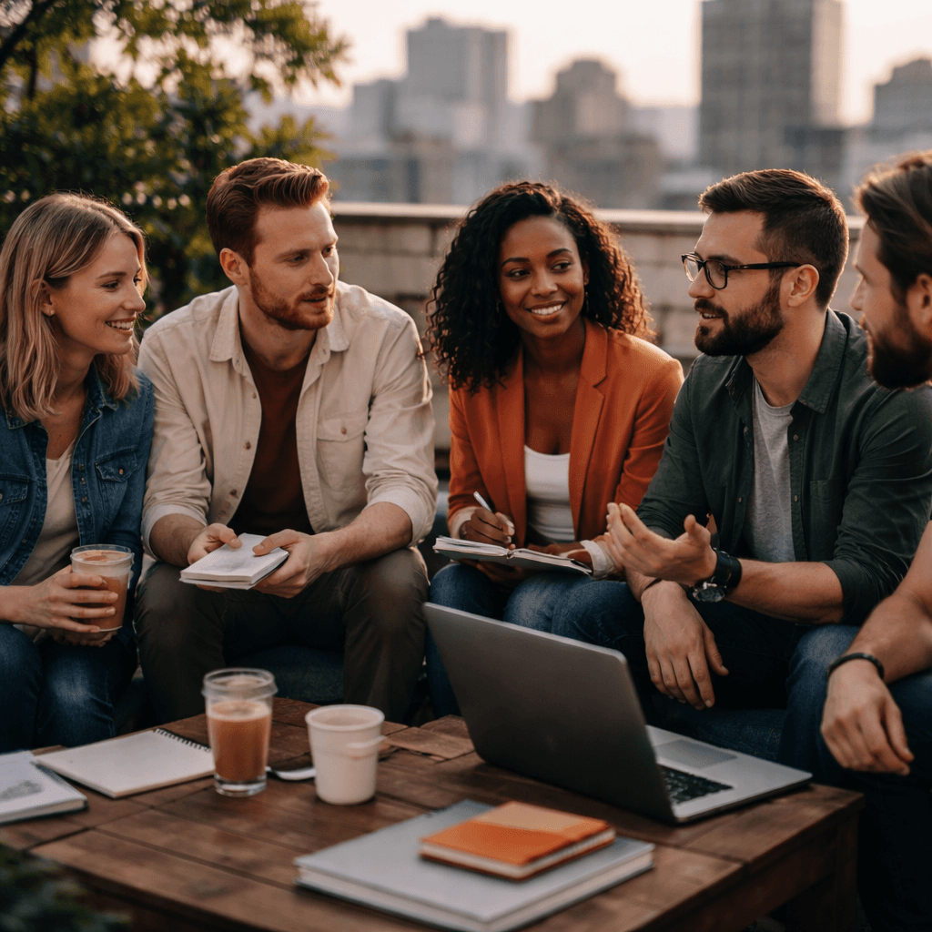 Diverse team talking around a laptop and notebooks on a rooftop at dusk
