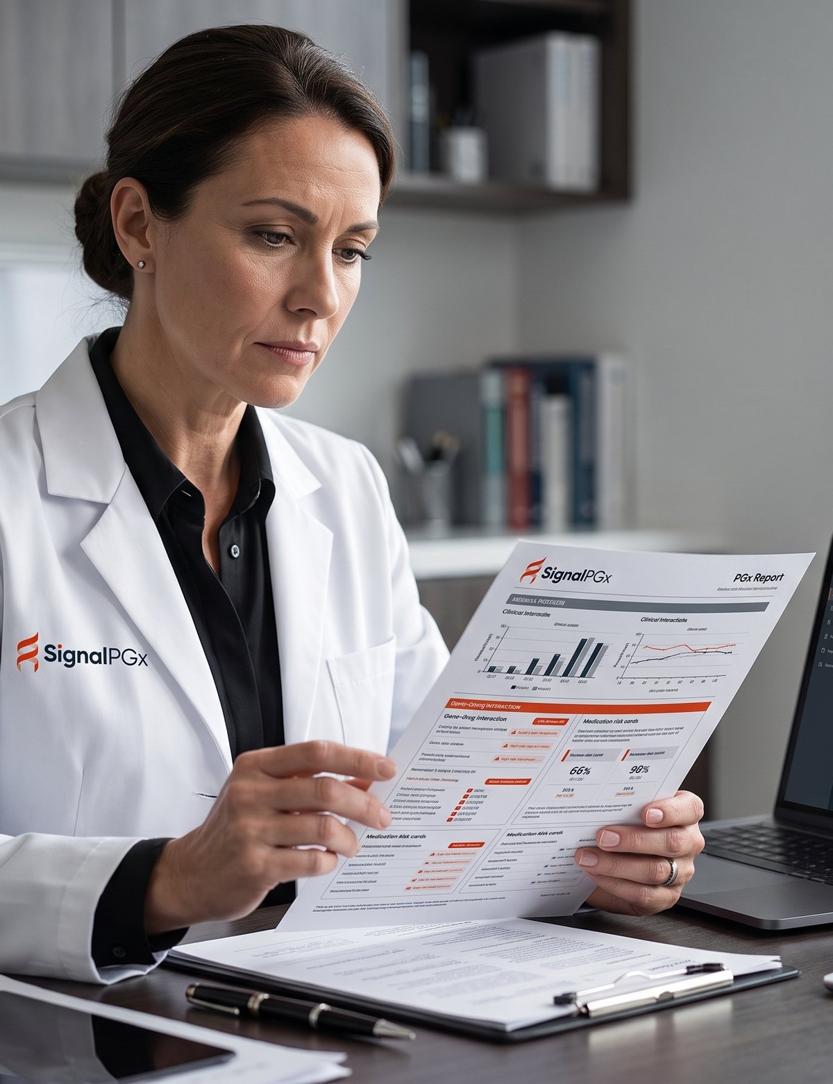 Clinical pharmacist reviewing a printed SignalPGx pharmacogenomics report