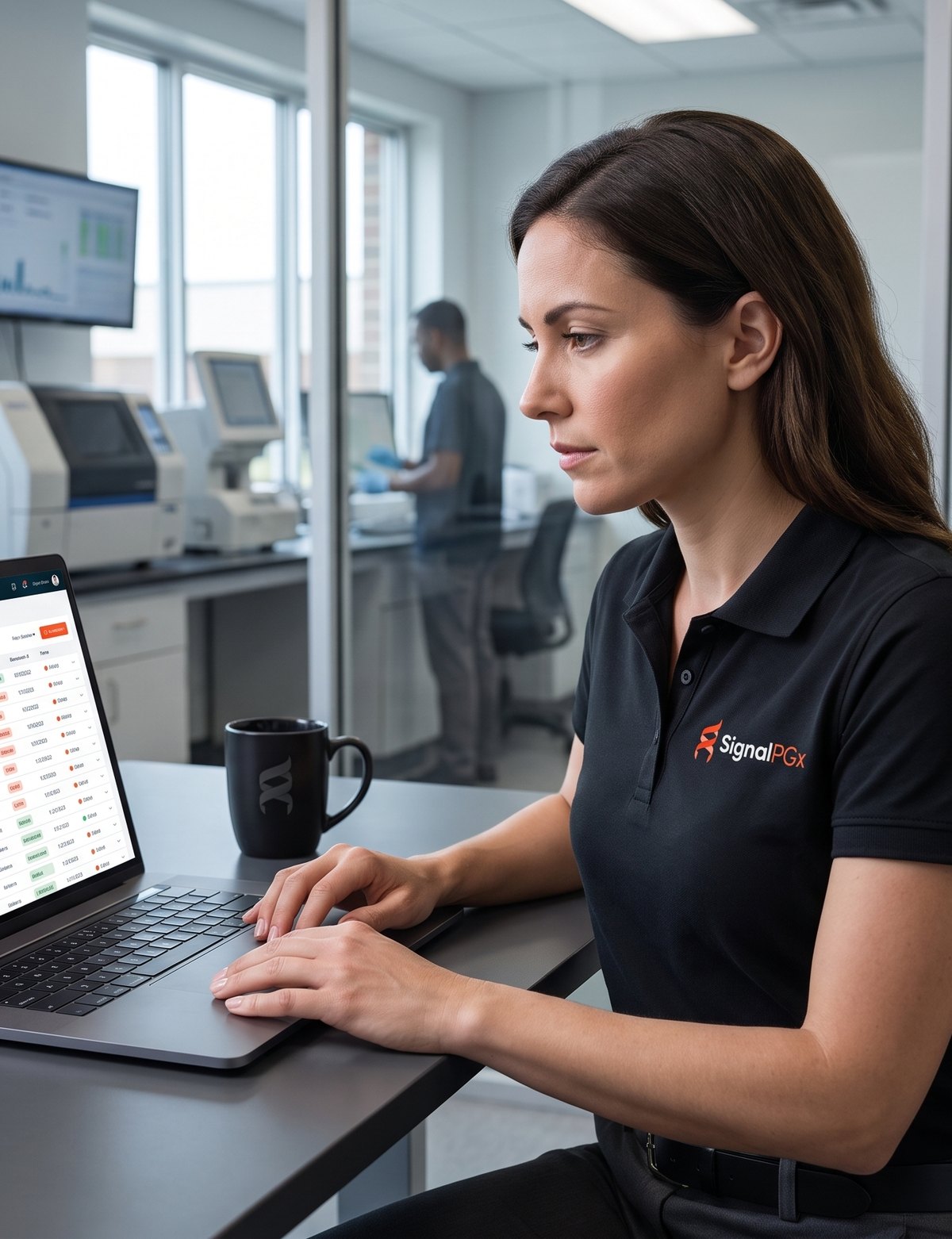 Lab scientist reviewing a SignalPGx pharmacogenomic report on a laptop