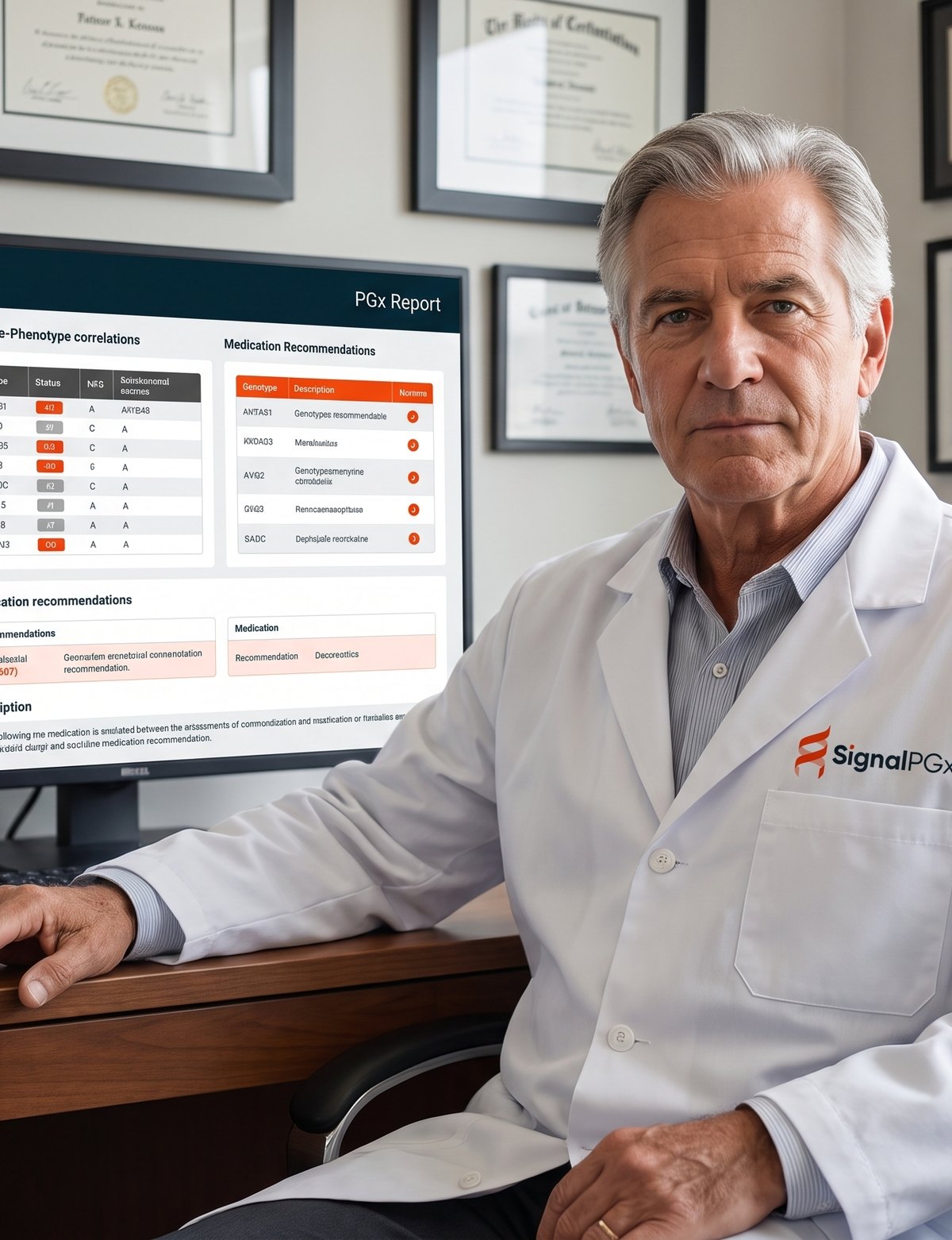 Medical director reviewing a SignalPGx pharmacogenomics report before sign-out