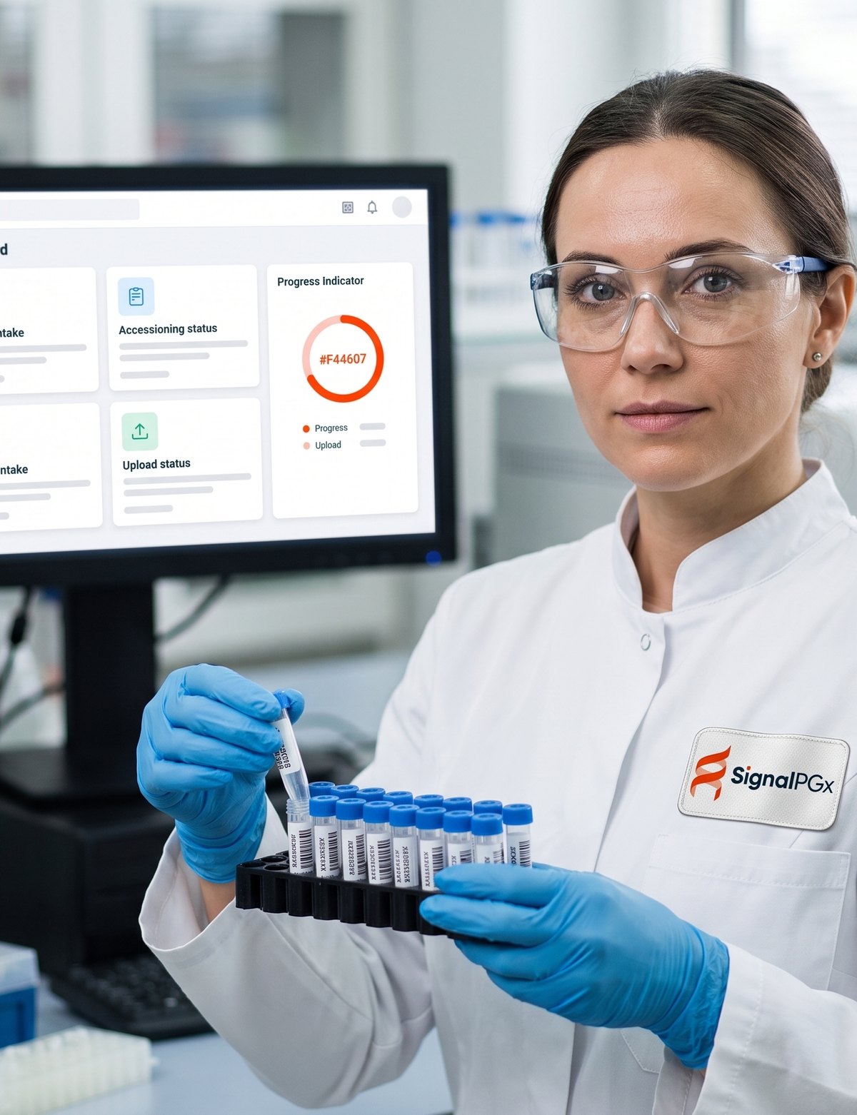 Molecular laboratory technician preparing a genotyping sample for SignalPGx pharmacogenomic testing