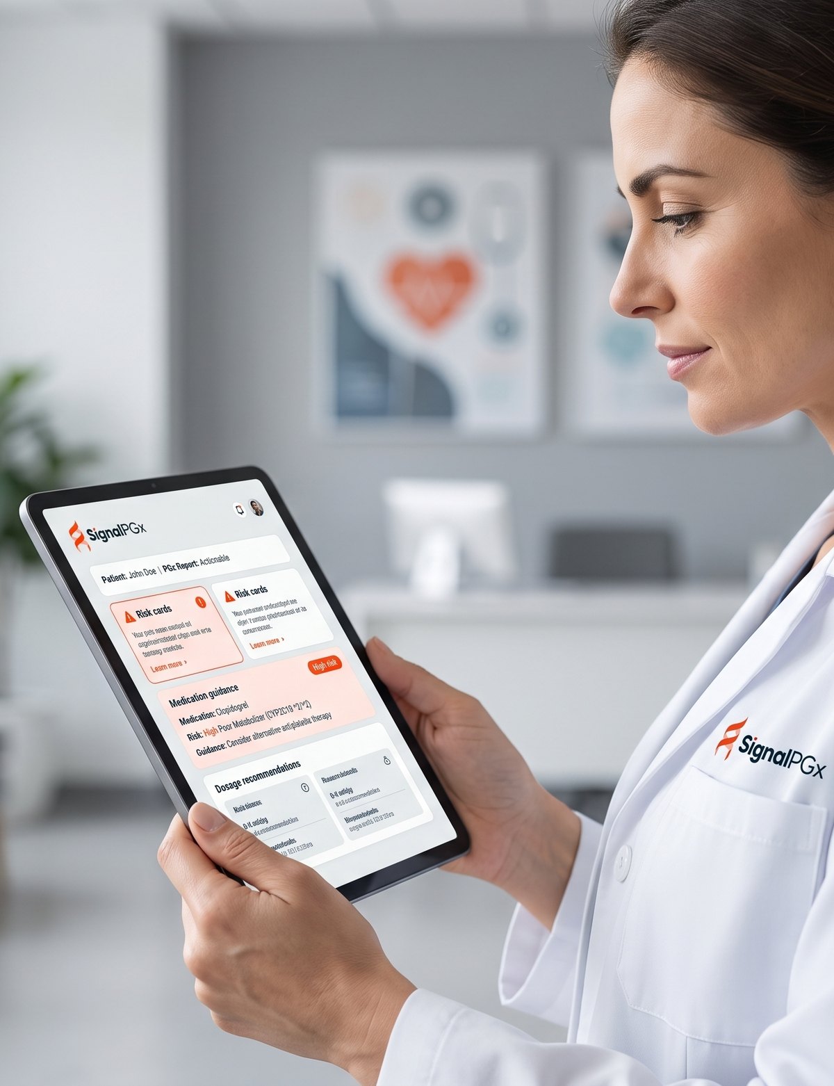 Pharmacist reviewing a SignalPGx pharmacogenomic report on a tablet