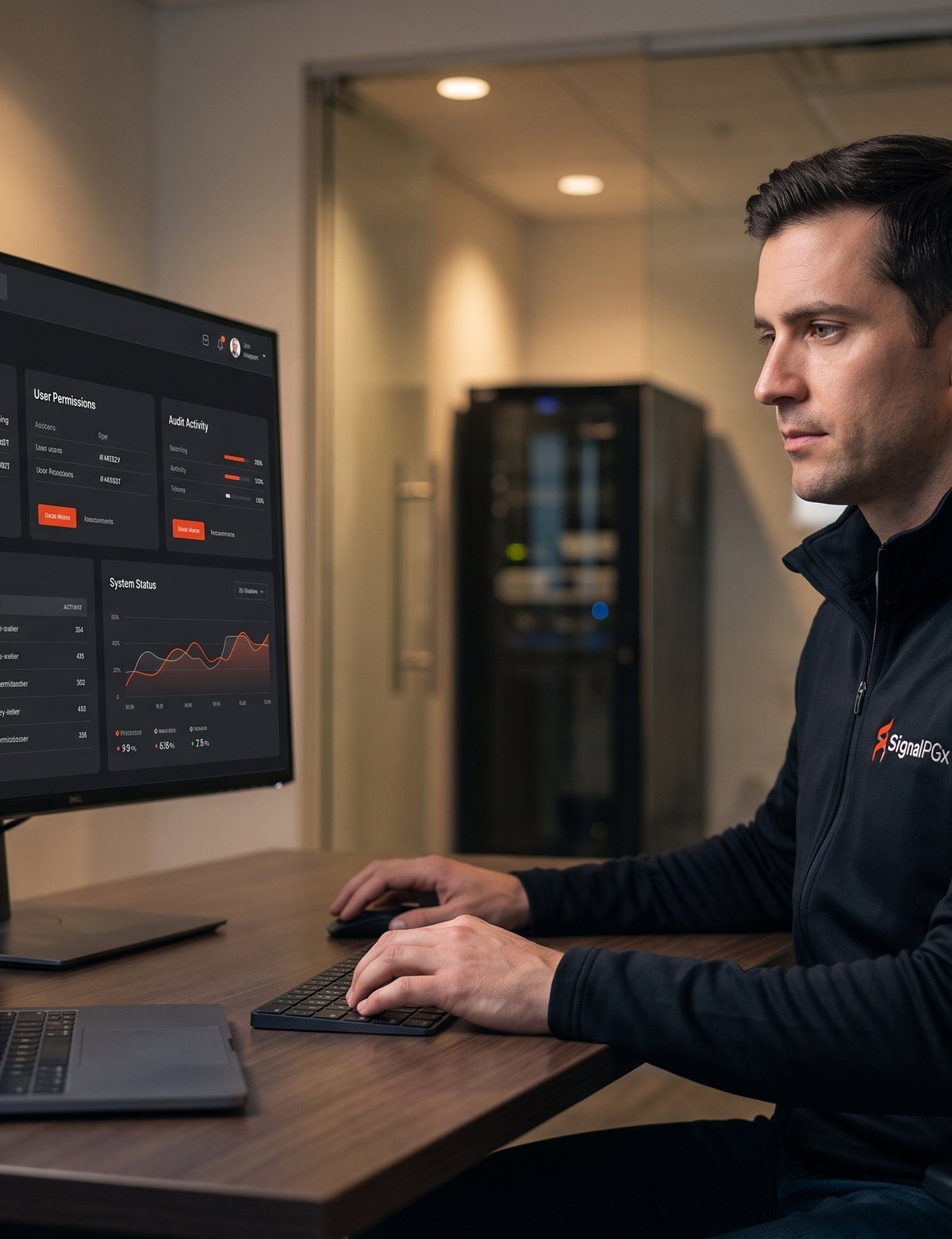 Engineer monitoring the SignalPGx reporting platform beside secure server infrastructure